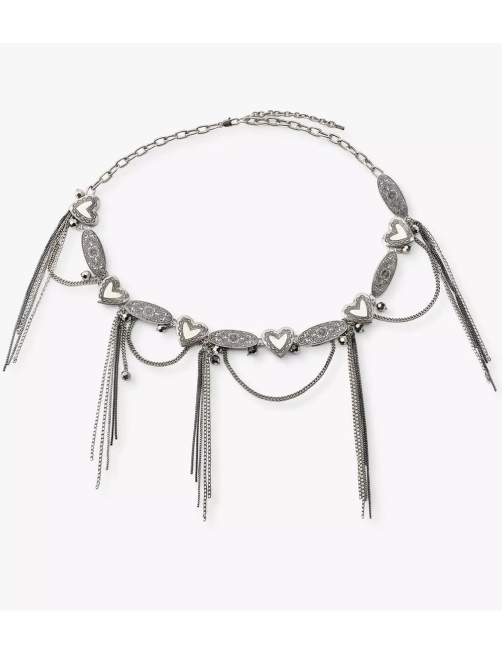 Zara Silver Heart Charm Concho Chain Fringe Belt Size 34 NWOT